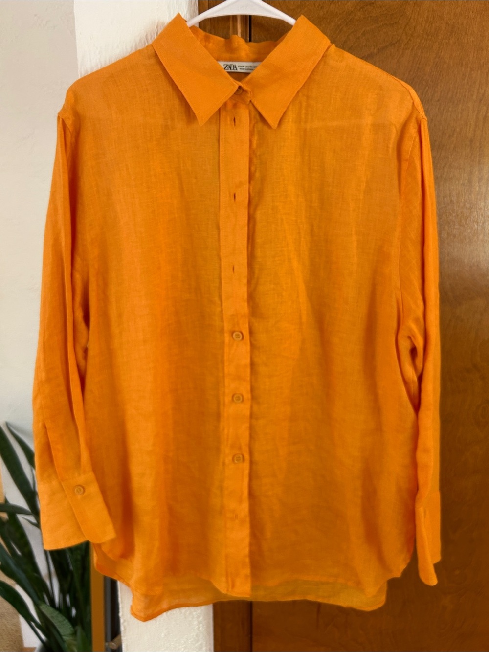 Zara 100% Linen Orange Long-Sleeve Button-Down Shirt, Large